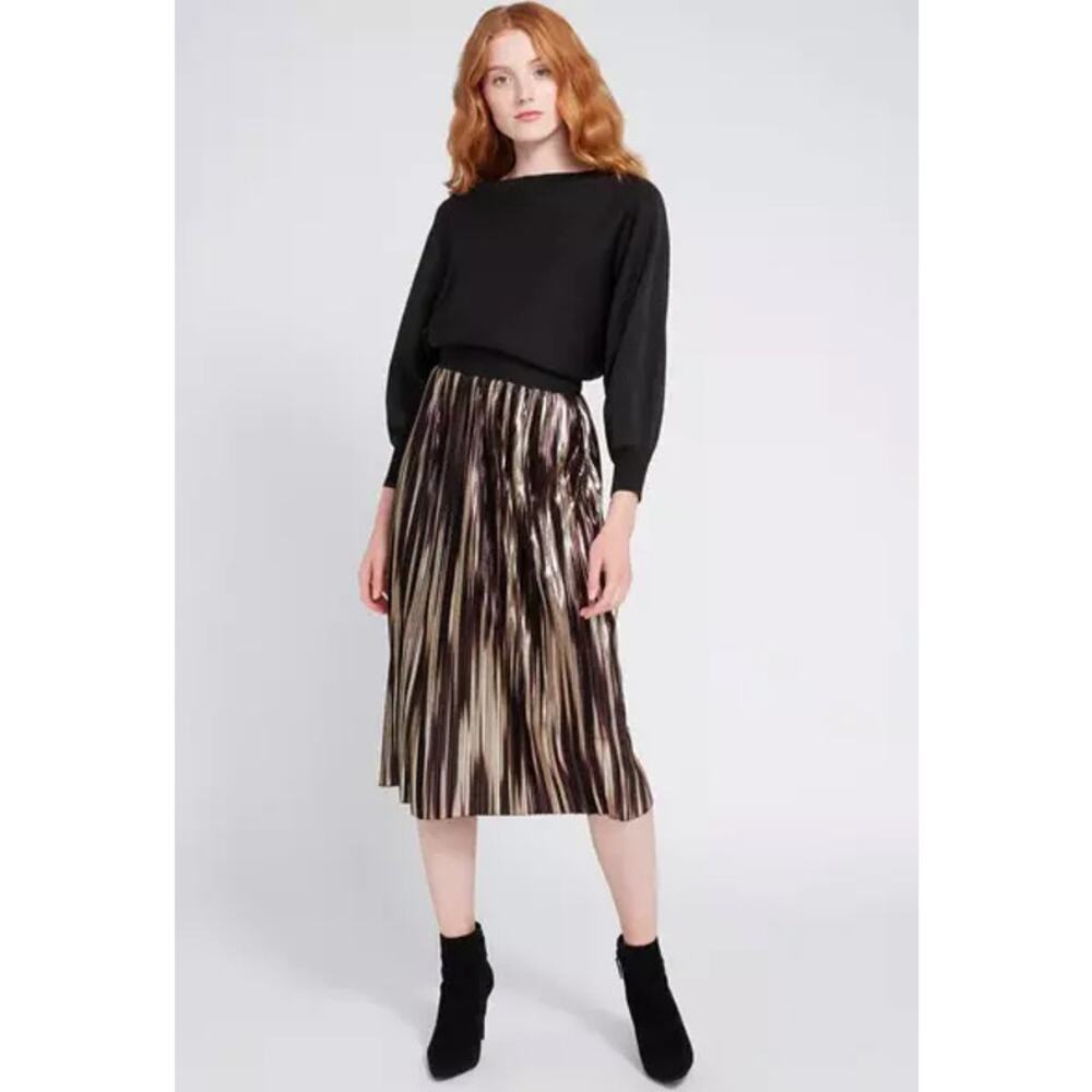 Alice + Olivia Women's Mikaela Pleated Gold Bronze Metallic Stripe Midi Skirt 0